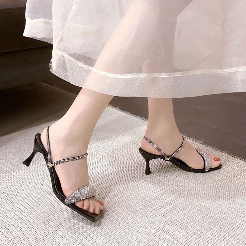 Giày sandal nữ cao gót nhọn 7p quai ngang full đá 2 kiểu mang dây xoàn SD60 -RS