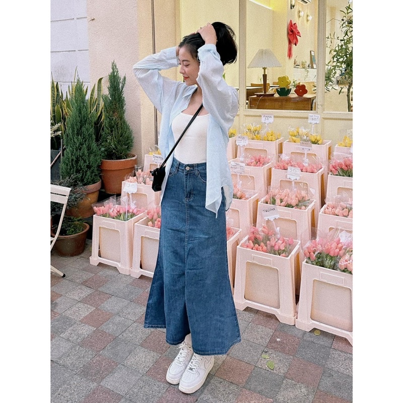 Váy Jean Dài QC - 7098 - Trơn - Xẻ Sau