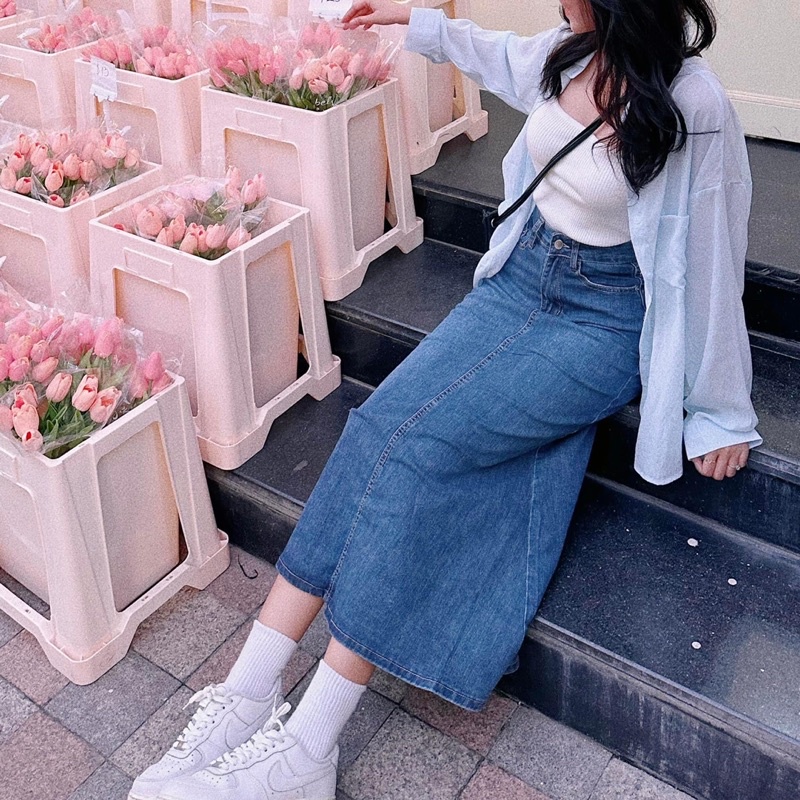 Váy Jean Dài QC - 7098 - Trơn - Xẻ Sau