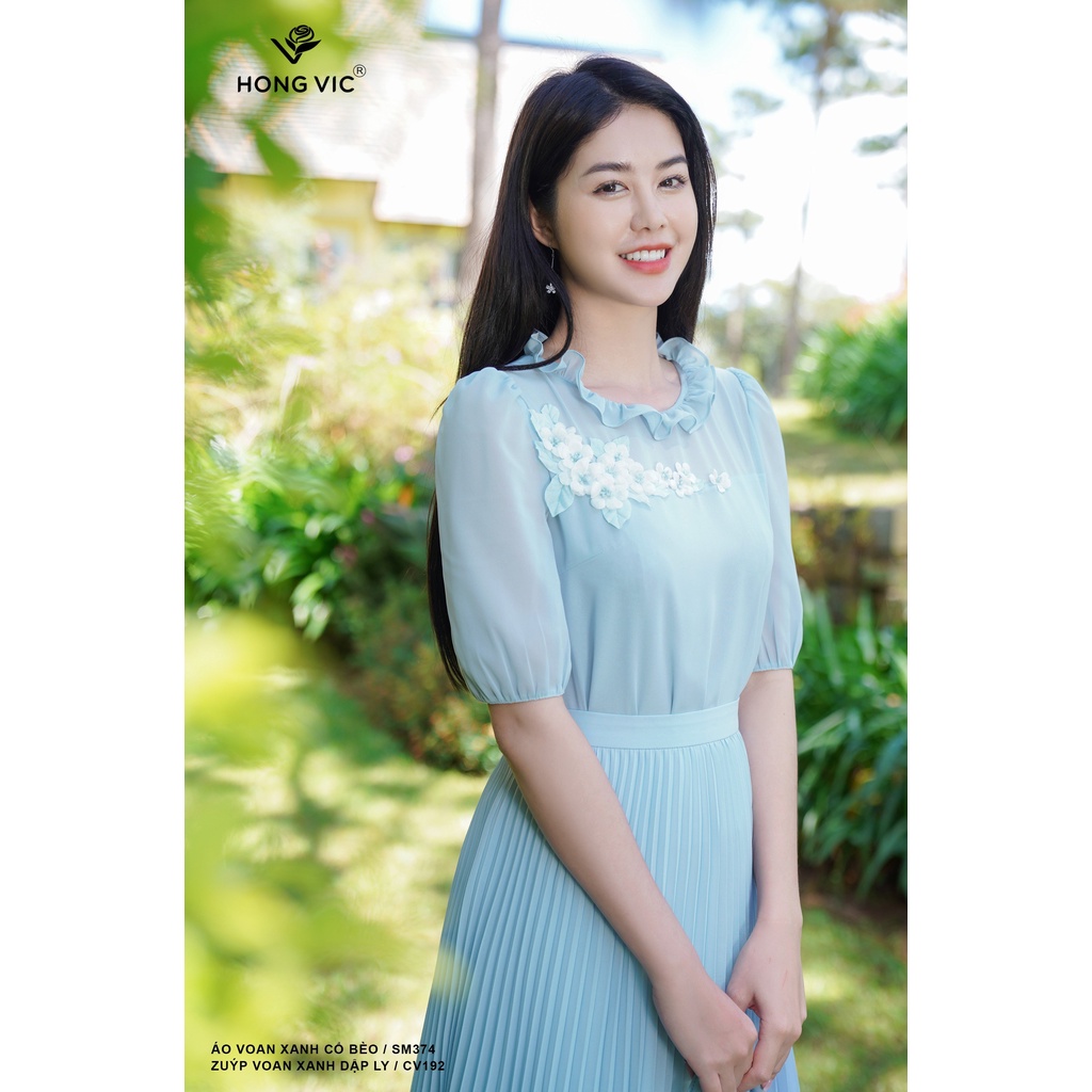 Áo voan xanh cổ bèo cho nữ thiết kế Hong Vic SM374