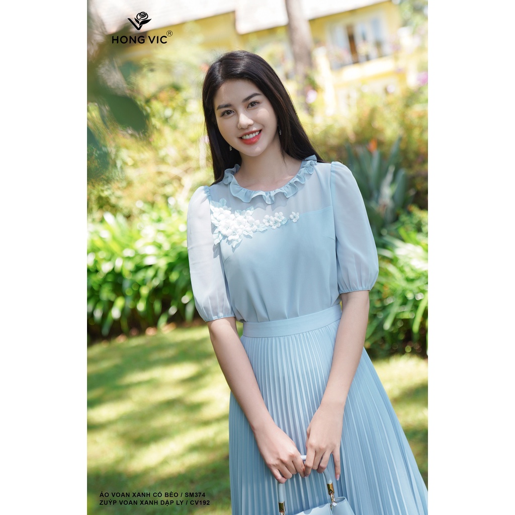 Áo voan xanh cổ bèo cho nữ thiết kế Hong Vic SM374