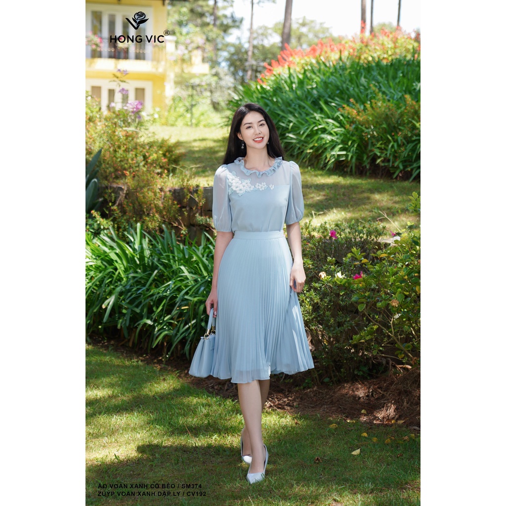 Áo voan xanh cổ bèo cho nữ thiết kế Hong Vic SM374