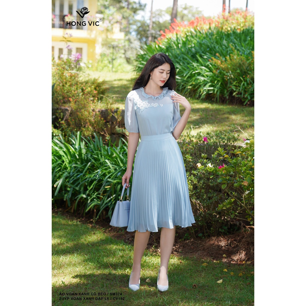 Áo voan xanh cổ bèo cho nữ thiết kế Hong Vic SM374
