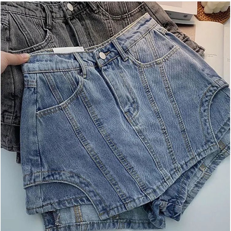 Váy ngắn giả denim hai mảnh không đều kiểu dáng mới của phụ nữ eo cao váy mỏng quần váy chữ A phong cách retro