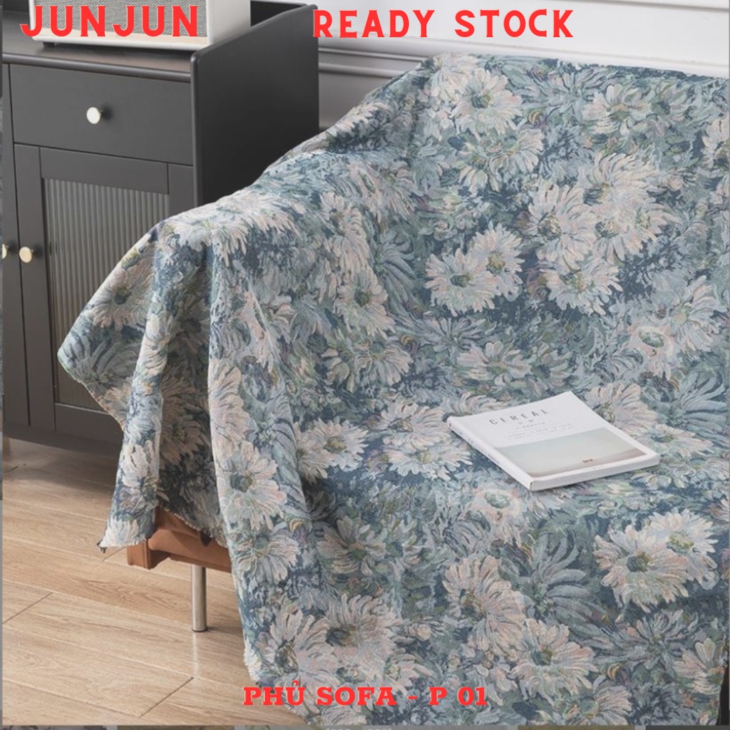 H17_Phủ Sofa Chất liệu Vải lanh &amp; jacquard cao cấp họa tiết tranh sơn dầu
