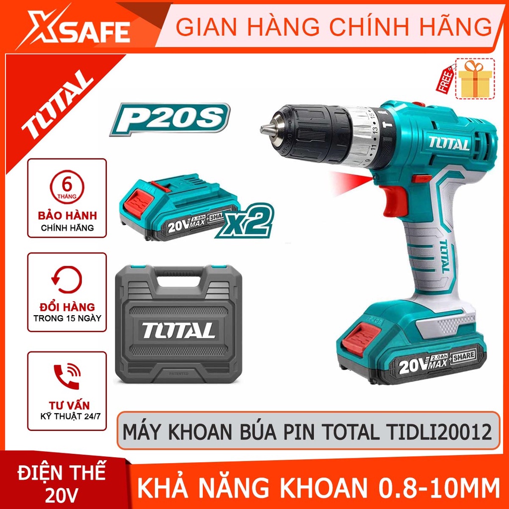 Máy khoan bê tông dùng pin 20V Total TIDLI20012 nhông hai tốc độ 400-1500v/p, lực đập 22500v/p, kèm 2 pin 1 sạc - xsafe