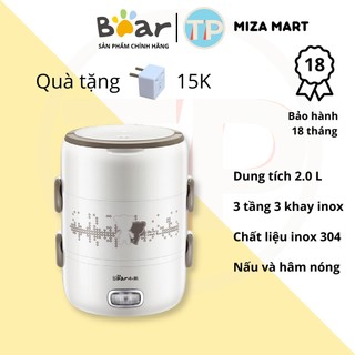 Hộp cơm cắm điện Bear DFH-S2358, dung tích 2L, 3 tầng, nấu chín, giữ nhiệt và hâm nóng thức ăn, dùng inox 304