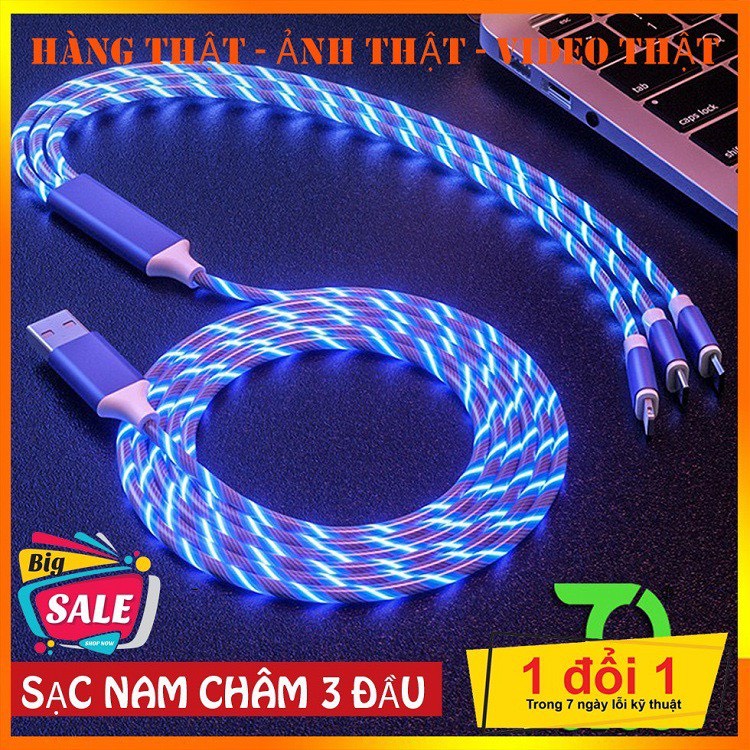 Cáp sạc 3 đầu nam châm, dây LED phát sáng nhiều màu cho Iphone/Xiaomi/Samsung/Huawei/Oppo cao cấp