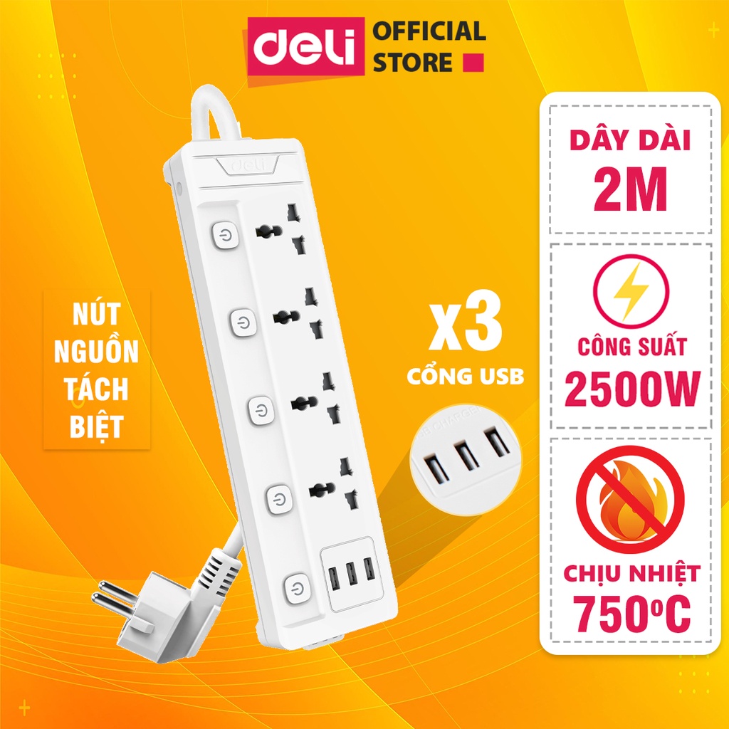 Ổ Điện 3 Chân Đa Năng Kèm Cổng USB Deli - Chiều Dài Dây 2m Độ Bền Cao Tiện Dụng, An Toàn Dùng Trong Gia Đình Văn Phòng