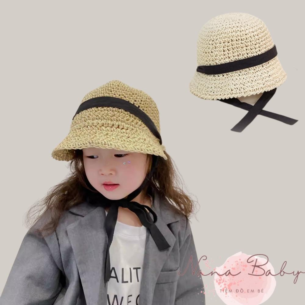 Mũ cói rơm cho bé Nanababy Nón cói cho trẻ em từ 6 tháng - 6 tuổi kiểu buộc dây đen phong cách hàn quốc cho bé MH243