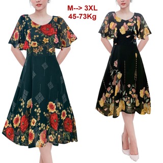 ROMI - Đầm Xòe Quý Bà Kiều Đầm Xòe Trung Niên Size Lớn In Hoa Tay Cánh Tiên Có Size Cho Người Mập 45-73kg 3369 3339