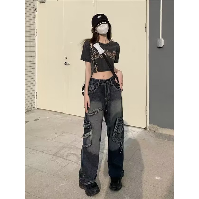 QKOOLE    Quần Jean Dài Dáng Rộng Ống Suông Cỡ Lớn Kiểu retro Đường Phố Mỹ Cá Tính