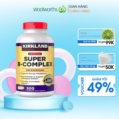 Viên Vitamin B Kirkland Signature Super B-Complex 500 viên-Chuyển hóa năng lượng, trao đổi chất, hỗ trợ sức khỏe