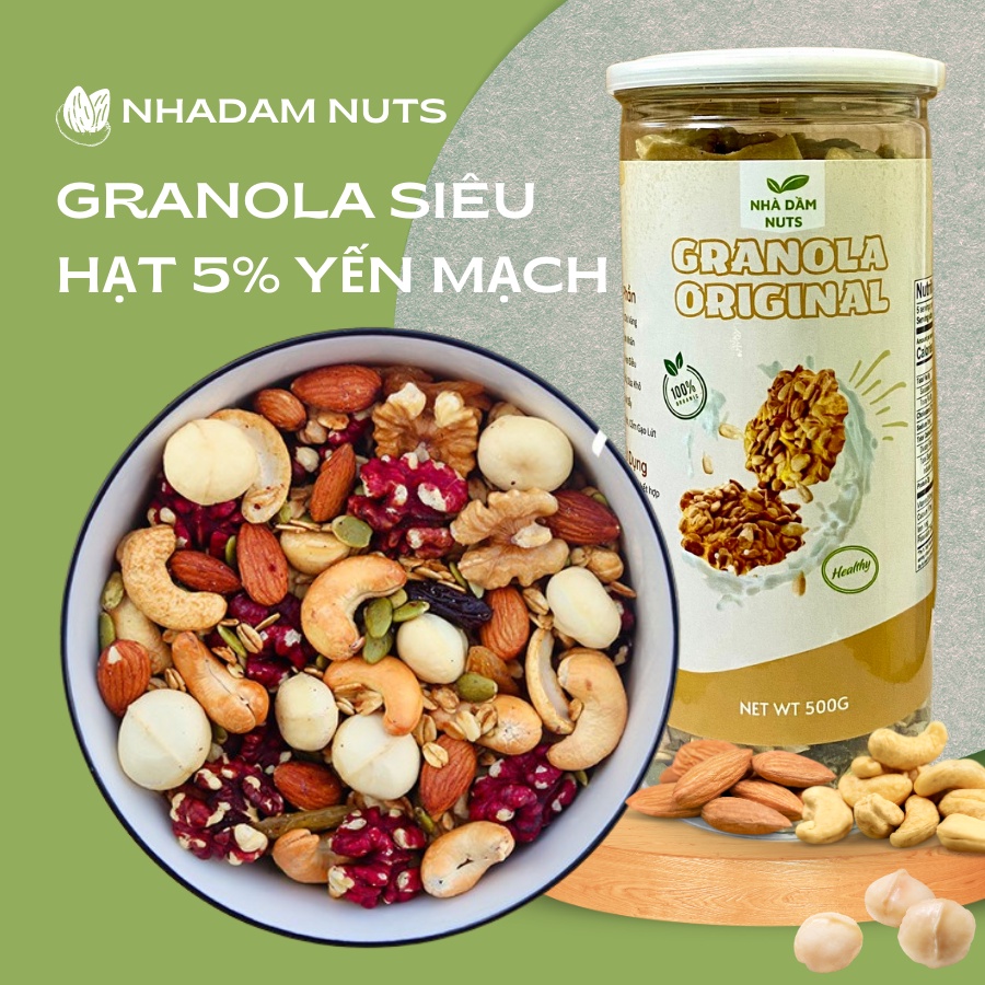 Granola Siêu Hạt 5% Yến Mạch, Ngũ Cốc Siêu Hạt Ăn Kiêng Giảm Cân Không Đường Mix 12 Loại Hạt - G5