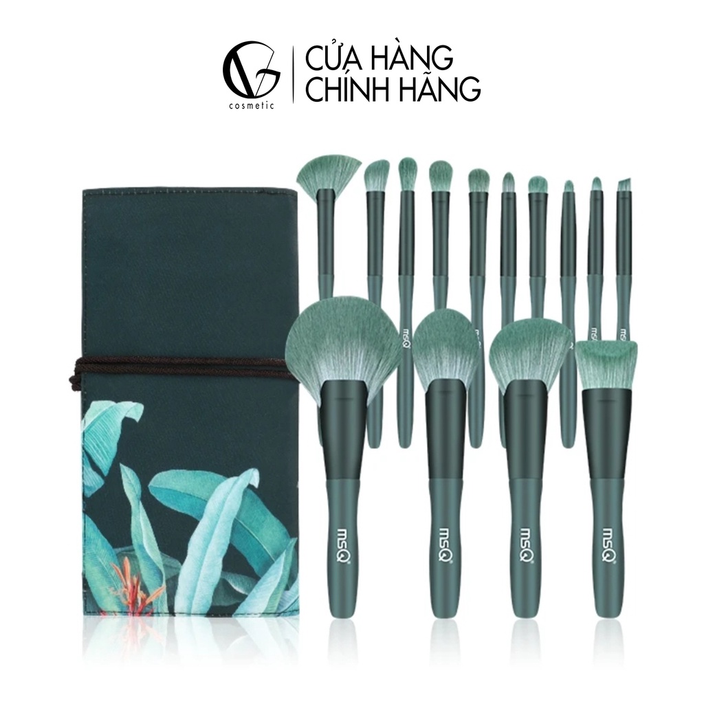 Bộ cọ trang điểm cá nhân Guviet 14 cây kèm bông mút màu xanh lá