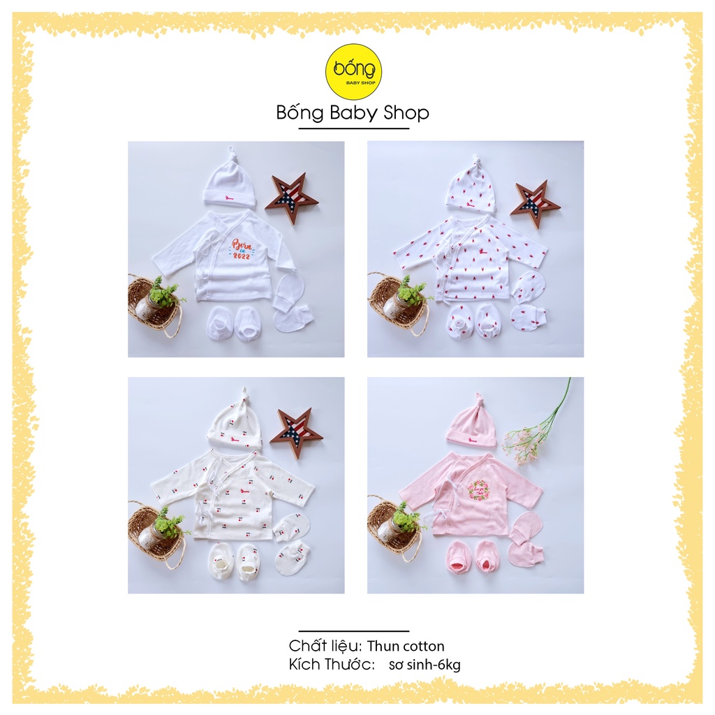 Bunnybaby - Set áo sơ sinh 4 món kèm mũ vớ cho bé 3-5kg