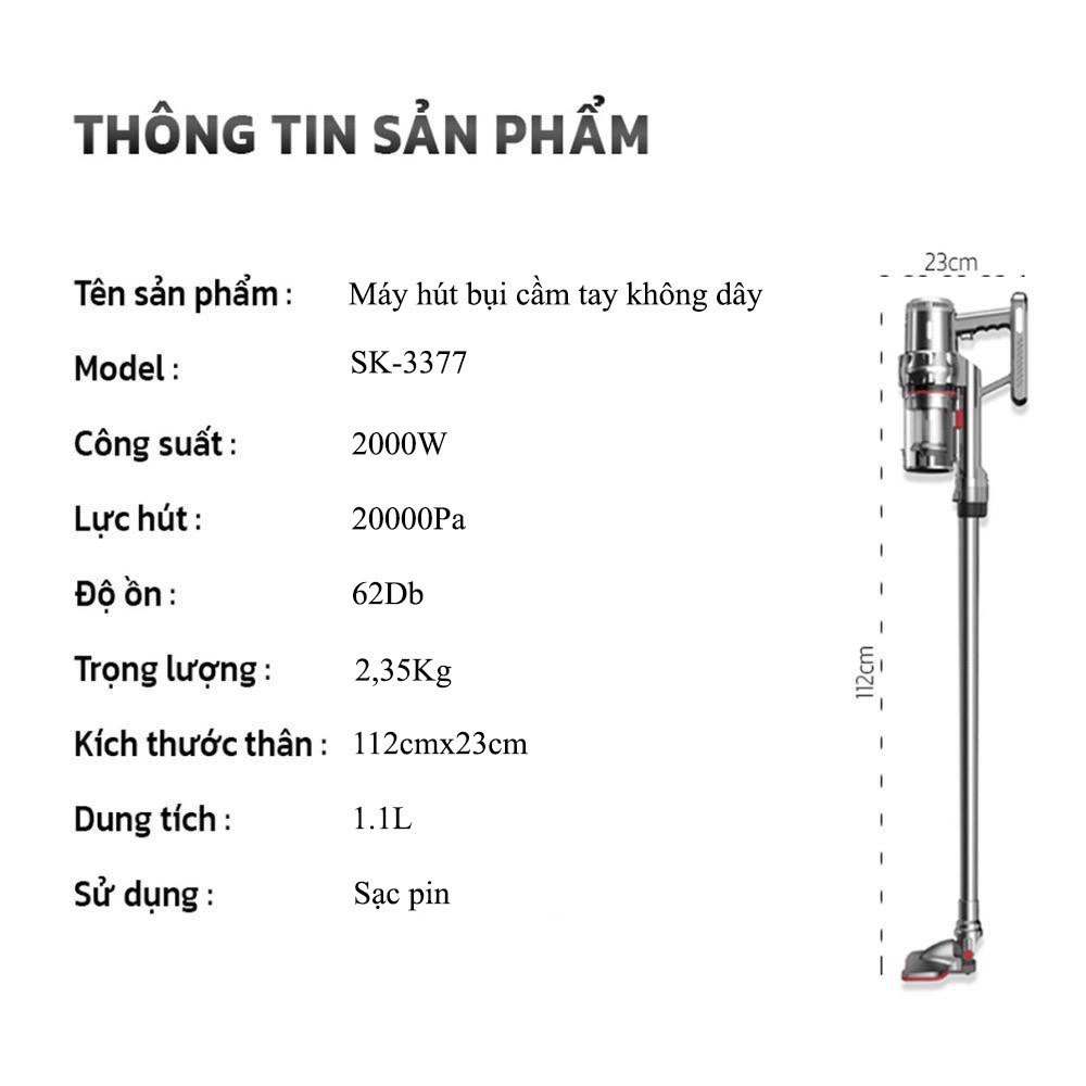 Máy hút bụi cầm tay LOẠI SẠC PIN SOKANY SK-3377 dọn dẹp nhà cửa, giường nệm, sofa, công suất 2000W, lực hút mạnh