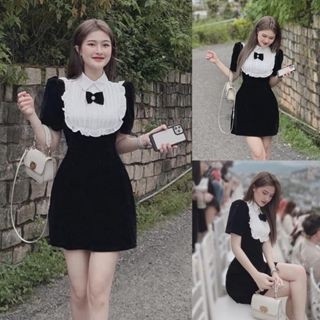 Đầm nhung xòe tiểu thư cổ sơ mi viền bèo nơ, đầm nhung ngắn dáng xòe tiểu thư sang chảnh thanh lịch