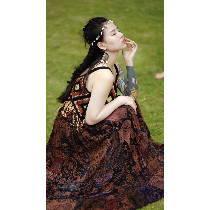 Chân váy hoa văn thổ cẩm cotton mềm phong cách Boho Vintage độc và lạ