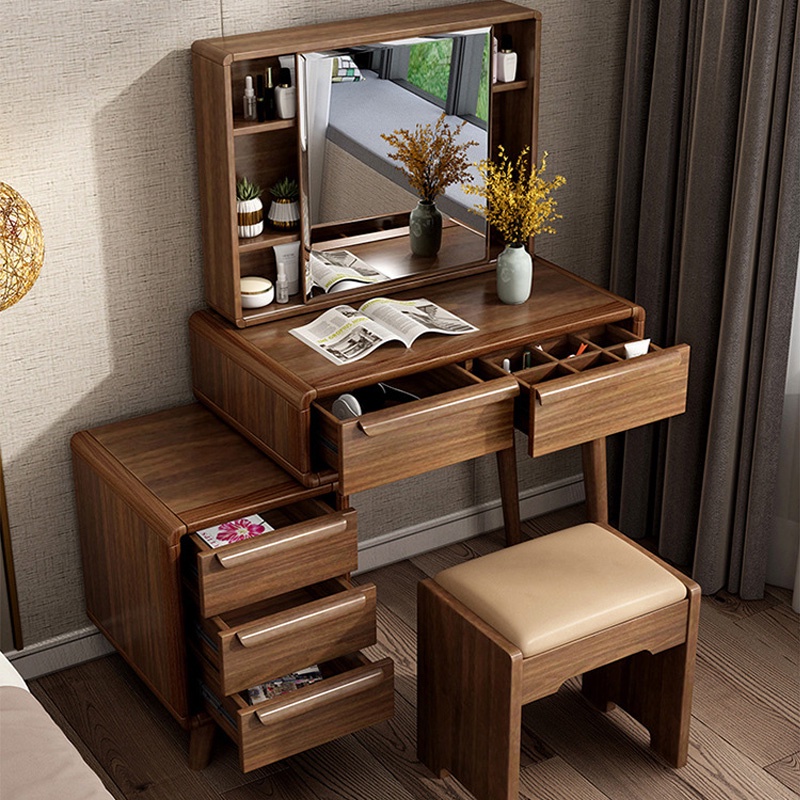 Bàn ghế trang điểm màu nâu vân gỗ óc chó cao cấp 1m - Bàn phấn decor đẹp, Bàn trang điểm có gương cửa trượt thông minh