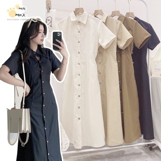 Đầm váy nữ Minmax House váy sơ mi cộc tay bo chun eo chất kaki dáng dài thanh lịch V6526