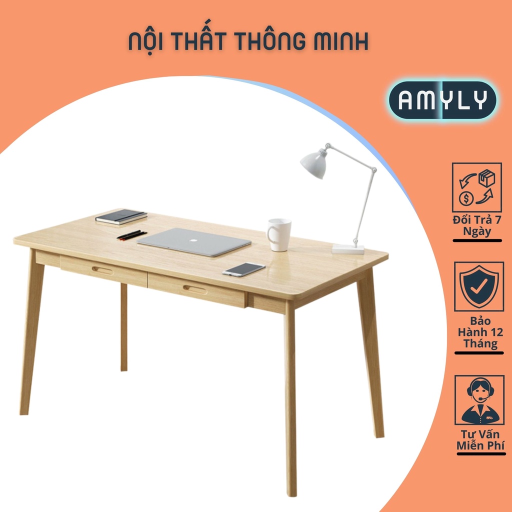 Bàn Làm Việc Có Ngăn Kéo AMYLY Bàn Học Sinh Viên Chất Liệu Gỗ MDF Màu Trắng Vàng Nâu Kích Thước D120*R55*C72cm
