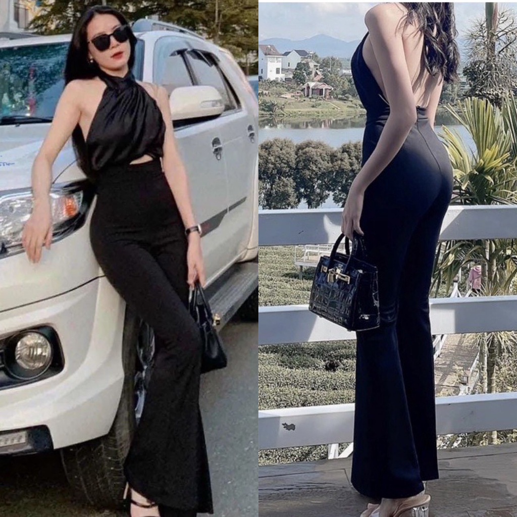 Jumpsuit Nữ Ống Loe Phối Cổ Yếm Lụa Nhung Khoét Ngực Hở Lưng Thời Trang Nữ Sam Closet Free Size 40-55kg | BigBuy360 - bigbuy360.vn