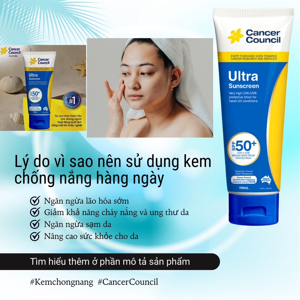 Kem Chống Nắng Cancer Council Ultra Sunscreen 110ml SPF50/PA++++ 110ml, Siêu Bảo Vệ Lên Tới 4h, Phù Hợp Da Khô