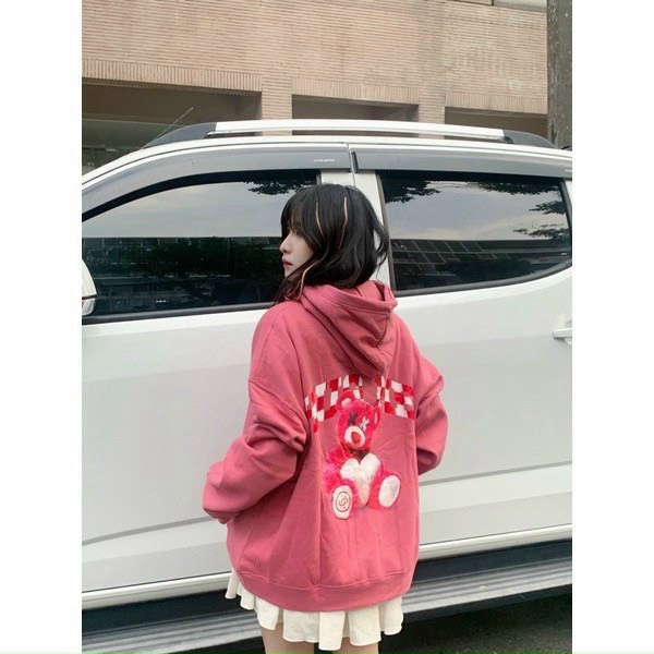 Áo Khoác Nỉ Nữ Dây Khóa Kéo In Gấu Lotso 2 Màu Đen Hồng Dễ Mặc, Che Nắng Đi Học, Đi Chơi NEW UNISEX