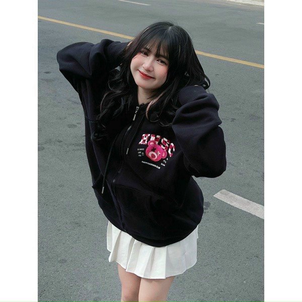 Áo Khoác Nỉ Nữ Dây Khóa Kéo In Gấu Lotso 2 Màu Đen Hồng Dễ Mặc, Che Nắng Đi Học, Đi Chơi NEW UNISEX