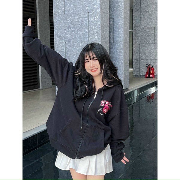 Áo Khoác Nỉ Nữ Dây Khóa Kéo In Gấu Lotso 2 Màu Đen Hồng Dễ Mặc, Che Nắng Đi Học, Đi Chơi NEW UNISEX