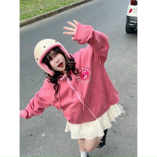 Áo Khoác Nỉ Nữ Dây Khóa Kéo In Gấu Lotso 2 Màu Đen Hồng Dễ Mặc, Che Nắng Đi Học, Đi Chơi NEW UNISEX