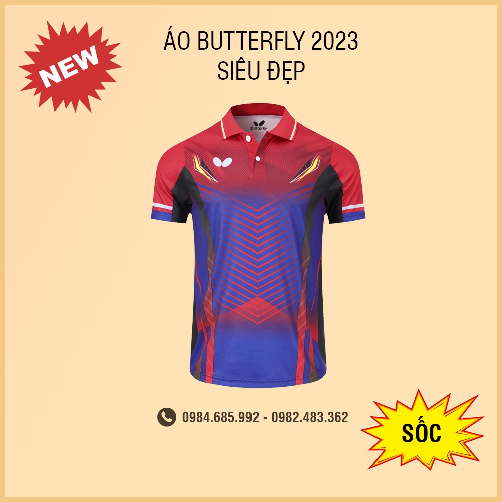 Áo bóng bàn nam đỏ xanh Butterfly 2023, chất liệu Polyester thoáng mát, nhanh khô, thiết kế đẹp mắt