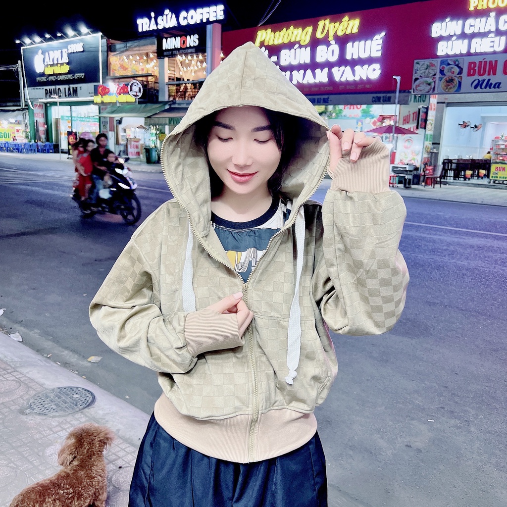 _PHANTHUYENSTORE_Áo khoác 4 in 1 ô vuông dập nổi form lửng rộng dơi tay phồng khoá zip cao trùm mặt siêu hot luôn