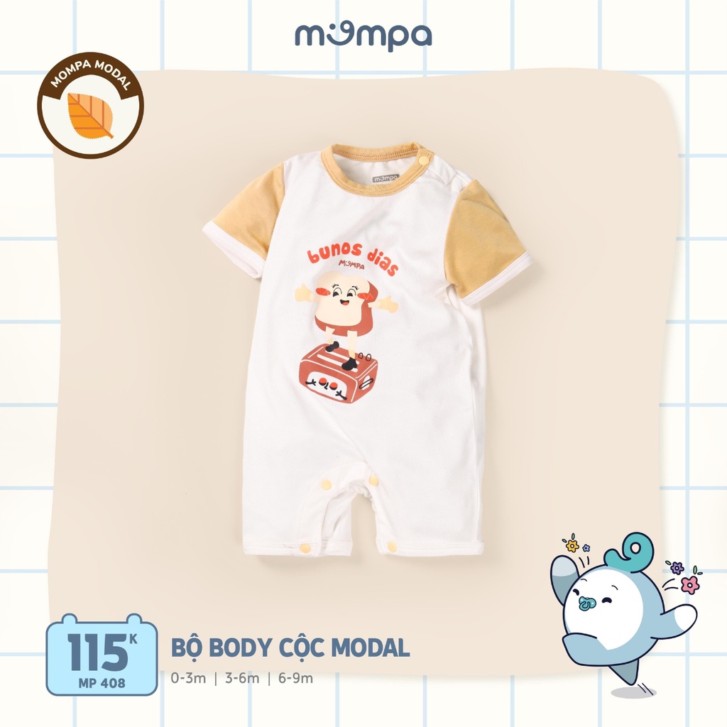 Bodysuit sơ sinh cho bé Mompa 0-9 tháng vải Modal cúc vai cộc tay mềm mại thấm hút co giãn 408