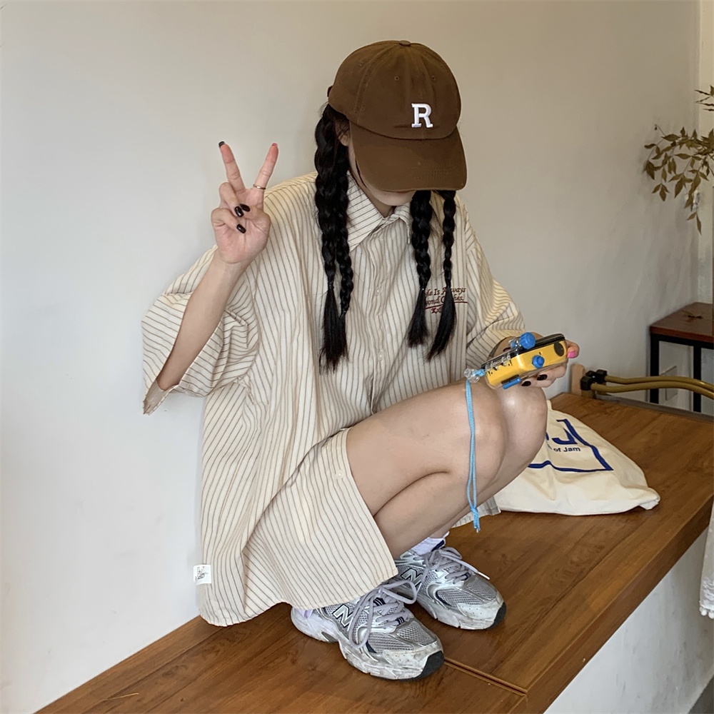 NUZIRO Áo Sơ Mi Ngắn Tay Họa Tiết Kẻ Sọc Phong Cách Hàn Quốc Thời Trang Cho Nữ