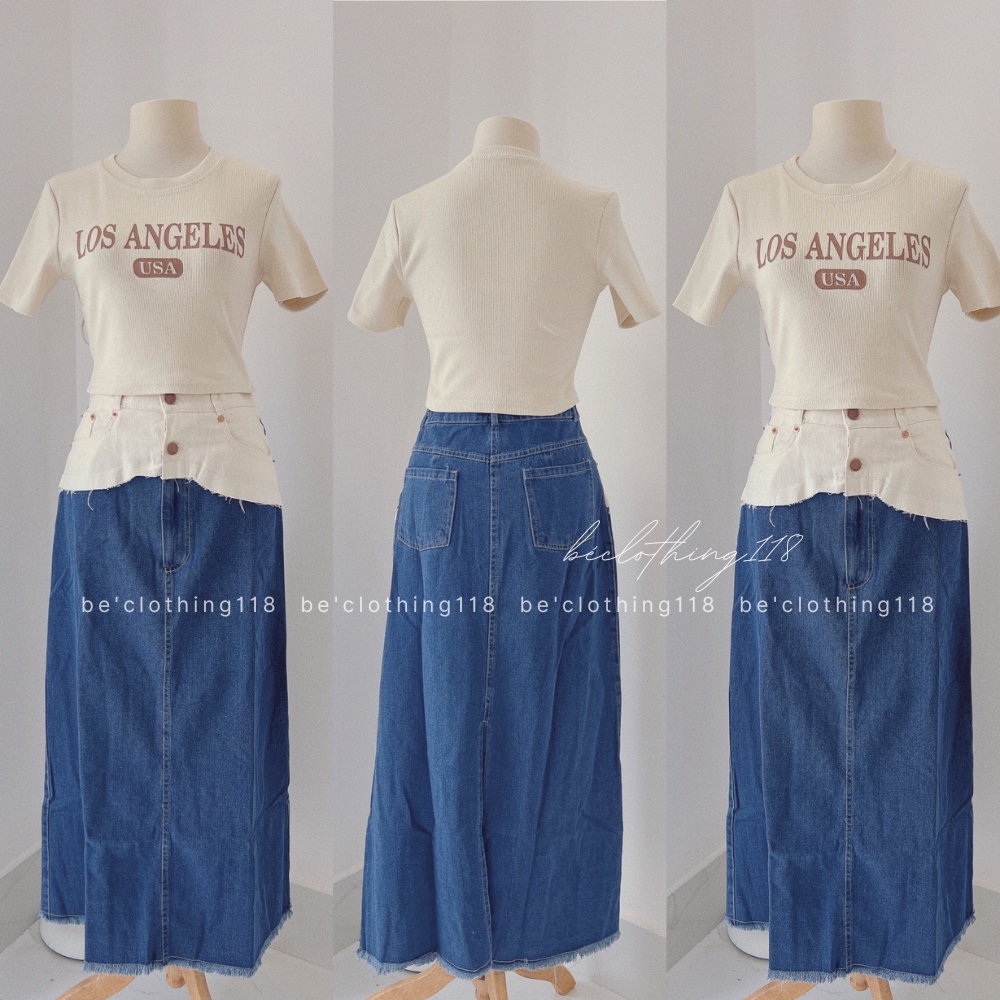 Set croptop pull chữ chân váy midi jean phối eo