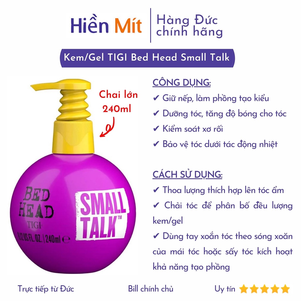 TIGI Đức - Kem/Gel TIGI Bed Head Small Talk tím tạo kiểu, tạo nếp tóc xoăn, làm phồng, dưỡng tóc, làm phồng giữ nếp