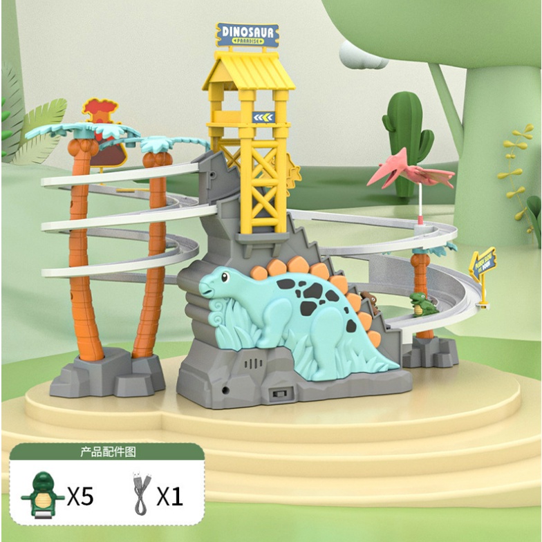 Đồ Chơi Lắp Ráp Mô Hình Khủng Long Leo Đường Ray Và Trượt Điện Tử Cho Bé Có Âm Thanh Ánh Sáng Khi Hoạt Động