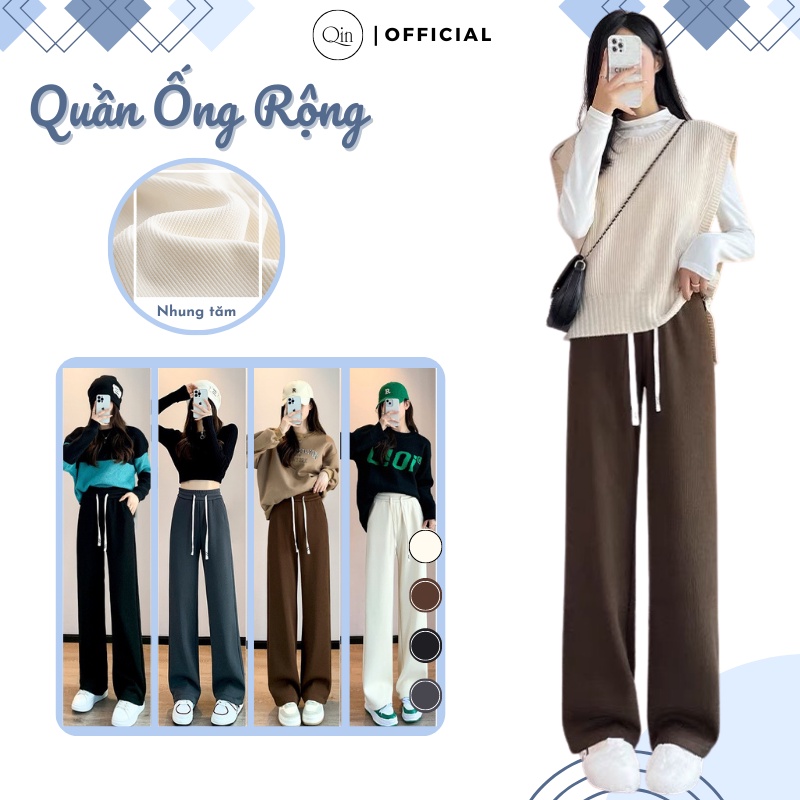 Quần Nhung Tăm Qin Ống Rộng Dây Rút Thời Trang Dễ Phối Đồ