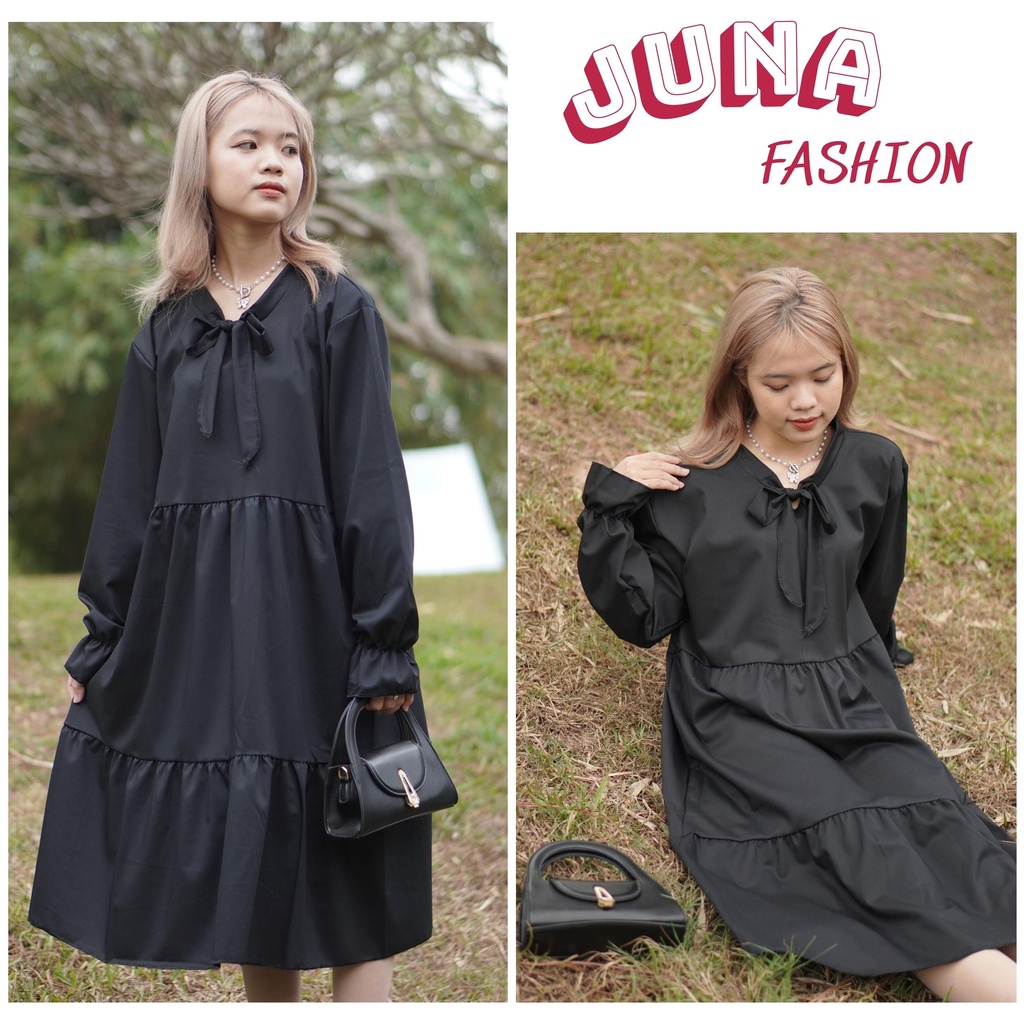 Váy xuông nữ JUNA đầm babydoll nữ nơ ngực tay bồng bánh bèo dáng rộng
