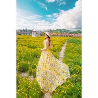 Đầm maxi hoa vàng thiết kế chéo lưng