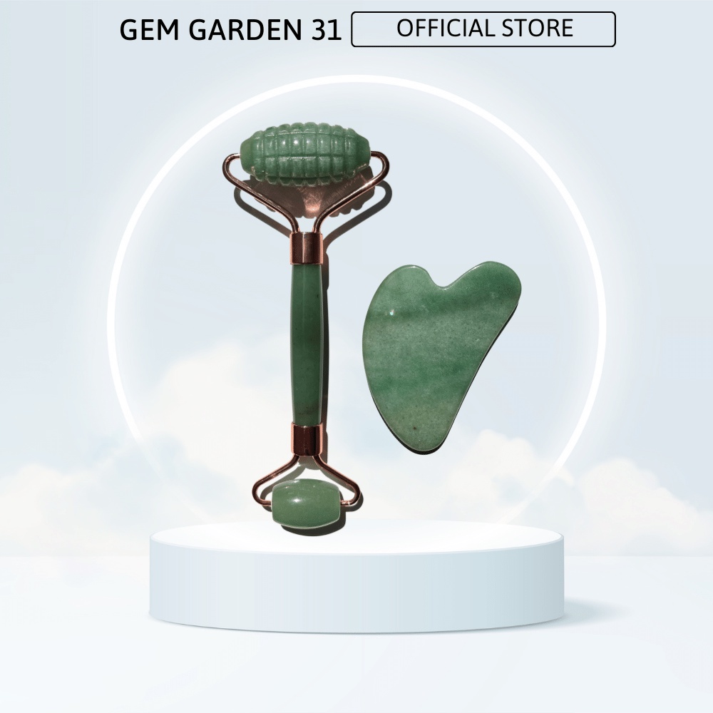 Bộ thanh lăn massage mặt và guasha bằng đá, màu hồng cao cấp, chất liệu tự nhiên