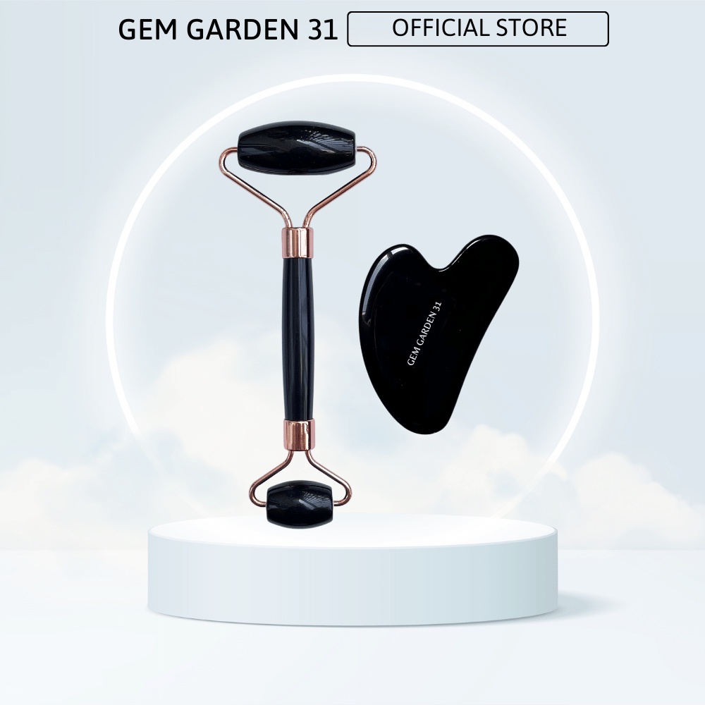 Bộ thanh lăn massage mặt và guasha bằng đá, màu hồng cao cấp, chất liệu tự nhiên