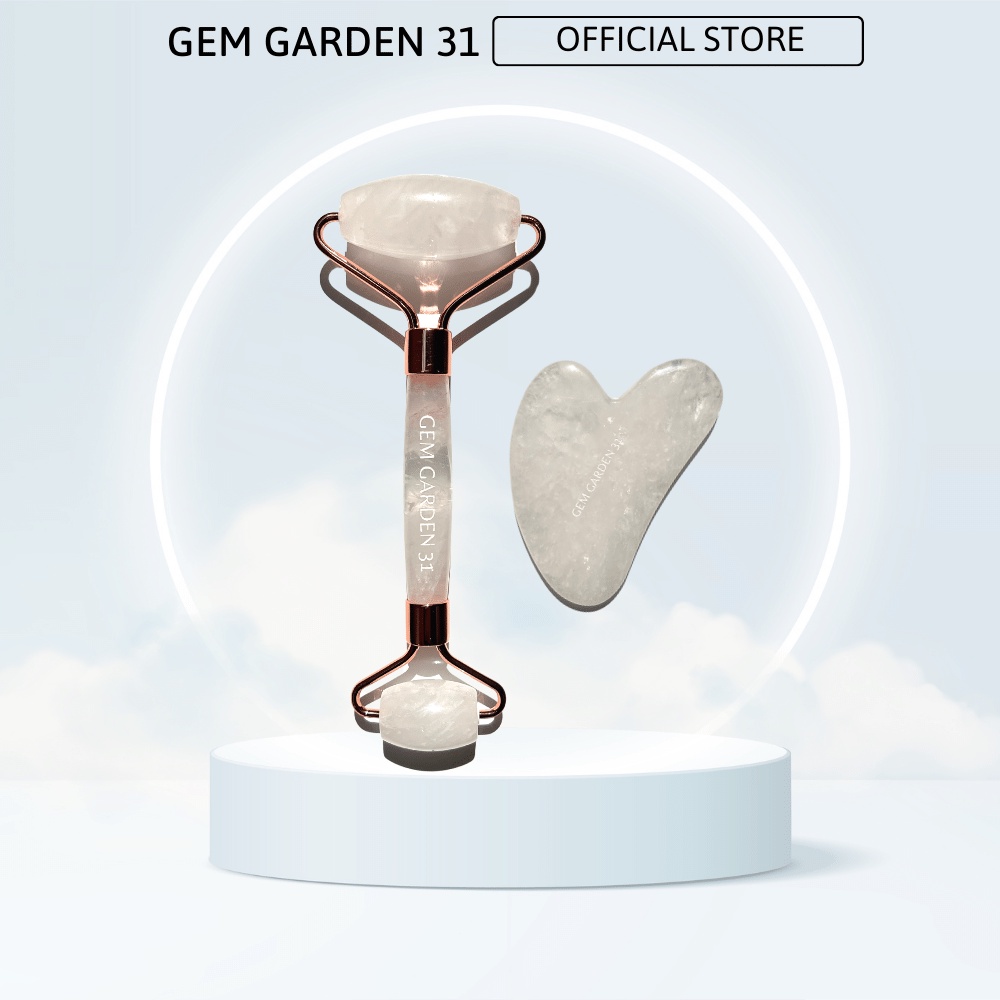 Bộ thanh lăn massage mặt và guasha bằng đá, màu hồng cao cấp, chất liệu tự nhiên