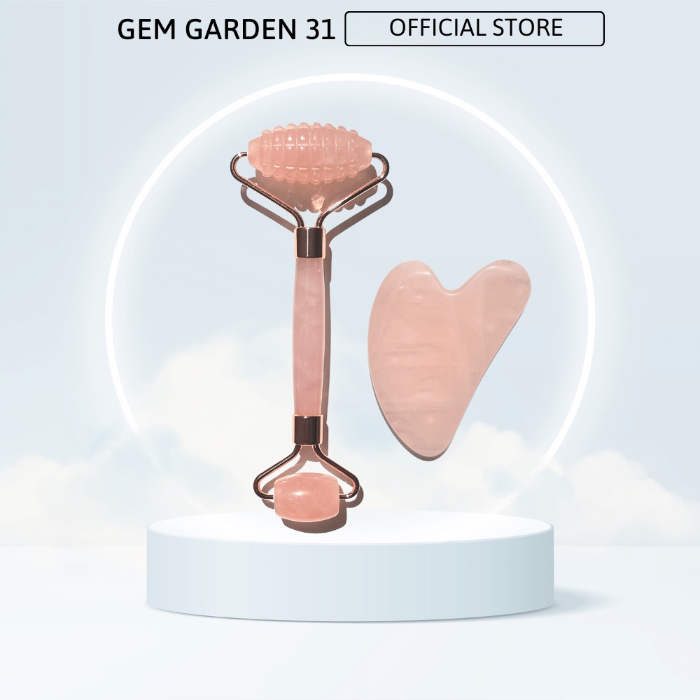 Bộ thanh lăn massage mặt và guasha bằng đá, màu hồng cao cấp, chất liệu tự nhiên