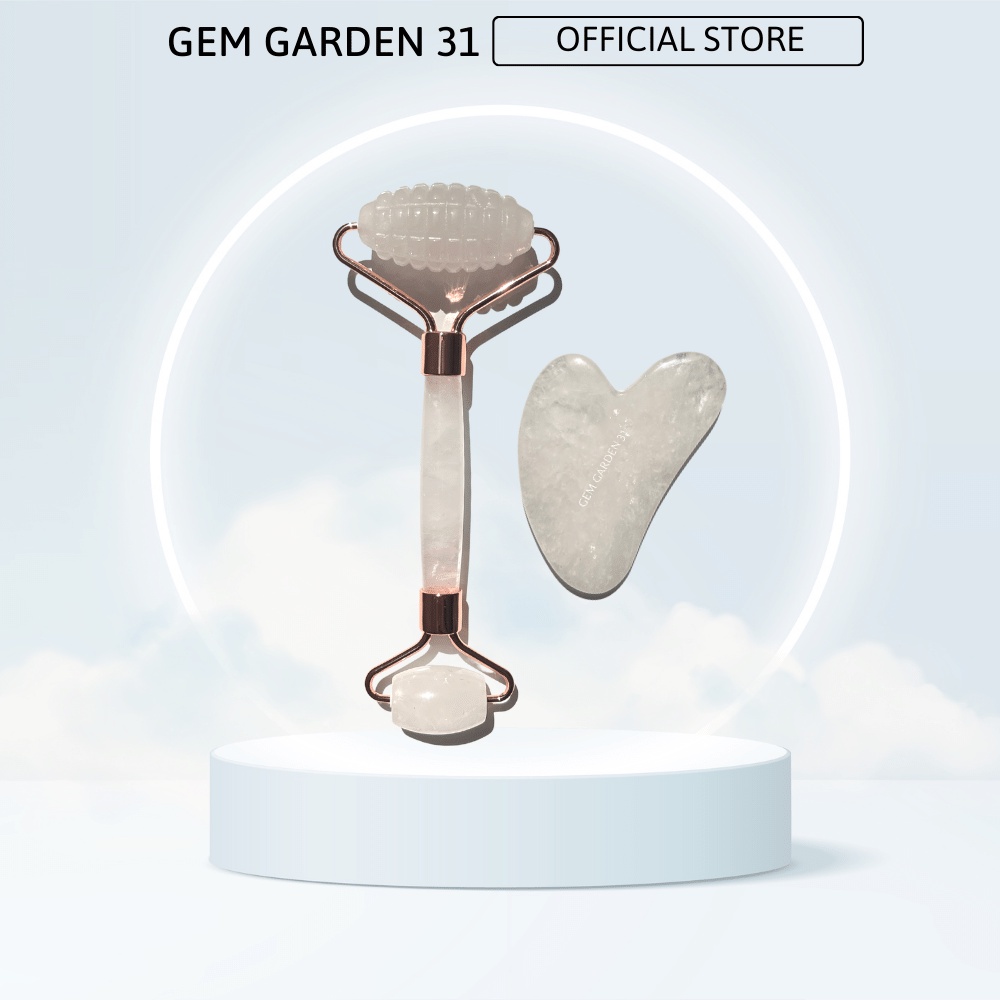 Bộ thanh lăn massage mặt và guasha bằng đá, màu hồng cao cấp, chất liệu tự nhiên