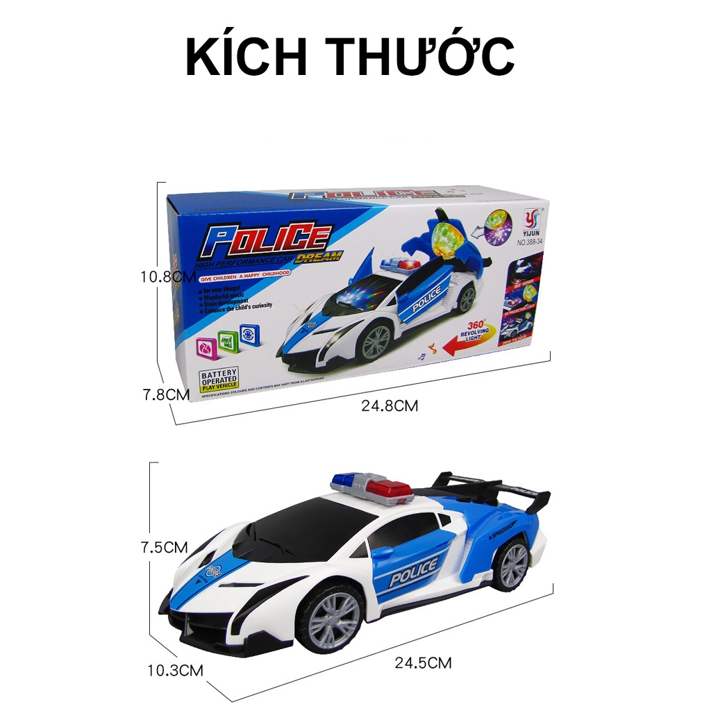 Đồ chơi xe ô tô cảnh sát xoay 360 tự động có đèn và nhạc