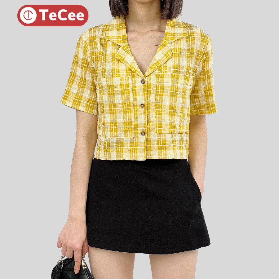 Áo vest nữ croptop hè TeCee áo sơ mi tay ngắn cổ vest kẻ caro dáng suông phối khuy vintage phong cách Hàn Quốc  A15
