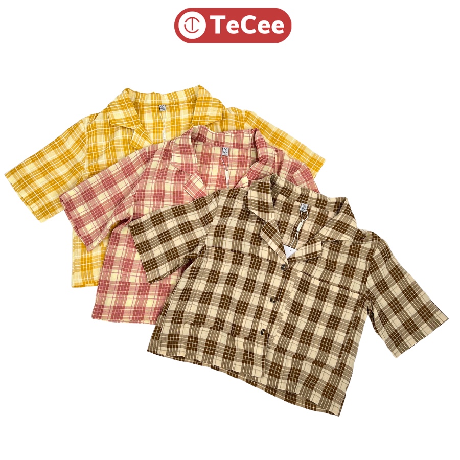 Áo vest nữ croptop hè TeCee áo sơ mi tay ngắn cổ vest kẻ caro dáng suông phối khuy vintage phong cách Hàn Quốc  A15